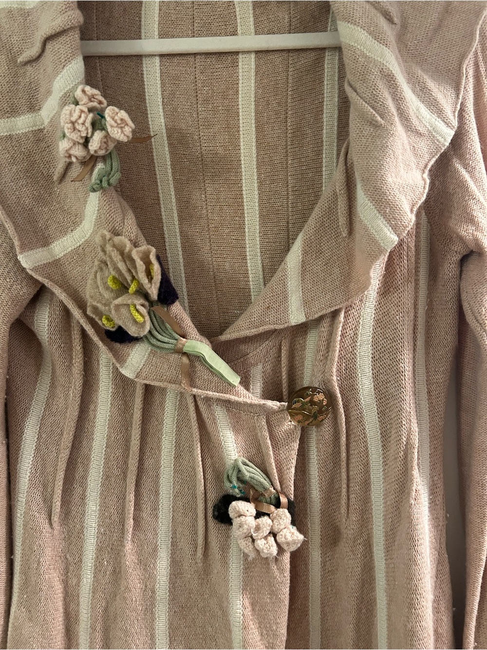 Women’s Pink Stripe Hooded Cardigan with Floral Accents - Picture 2 of 4